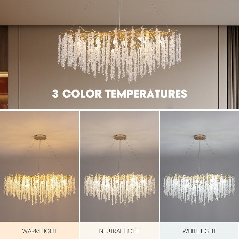 Lustre rectangulaire en cristal doré moderne de 40 po, branches d'arbre, luminaire suspendu pour îlot de cuisine, salle à manger