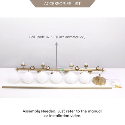 Lustre linéaire moderne du milieu du siècle de 40 po, suspension Spoutnik à 16 ampoules en laiton doré avec globe en verre dépoli pour salle à manger