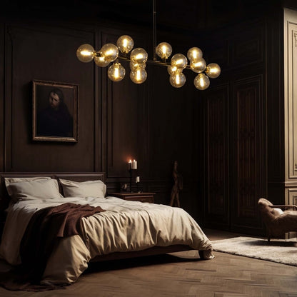 Lustre linéaire moderne du milieu du siècle de 40 po, suspension Spoutnik à 16 ampoules en laiton doré avec globe en verre dépoli pour salle à manger