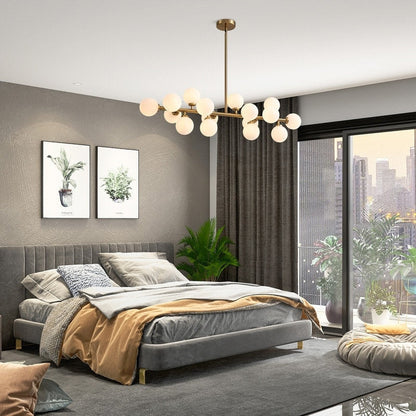 Lustre linéaire moderne du milieu du siècle de 40 po, suspension Spoutnik à 16 ampoules en laiton doré avec globe en verre dépoli pour salle à manger