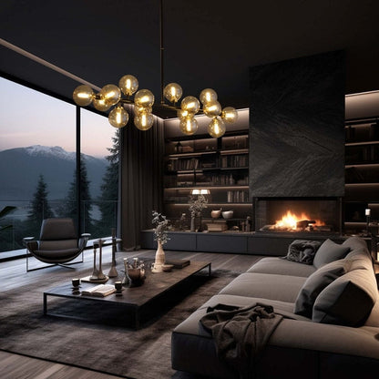 Lustre linéaire moderne du milieu du siècle de 40 po, suspension Spoutnik à 16 ampoules en laiton doré avec globe en verre dépoli pour salle à manger