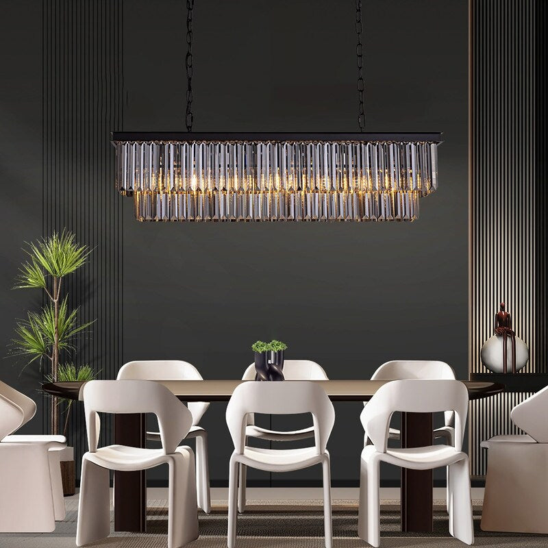 Lustre contemporain en cristal gris fumé et noir de 47 po, design linéaire à deux niveaux, luminaire suspendu pour îlot de cuisine et salle à manger.