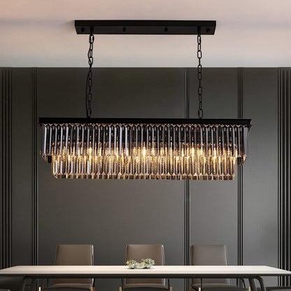 Lustre contemporain en cristal gris fumé et noir de 47 po, design linéaire à deux niveaux, luminaire suspendu pour îlot de cuisine et salle à manger.