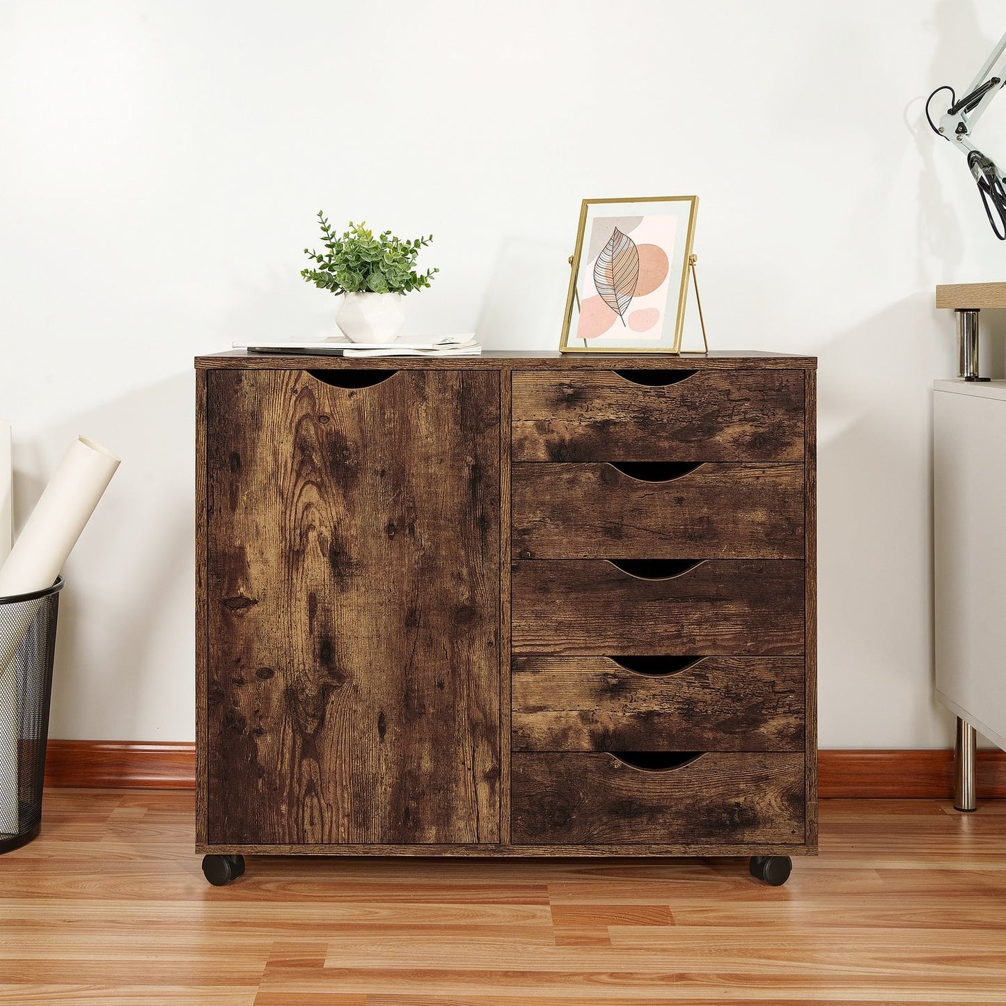Commode de rangement en bois à 5 tiroirs avec roulettes - Meuble de rangement pour loisirs créatifs et maquillage pour dressing et chambre
