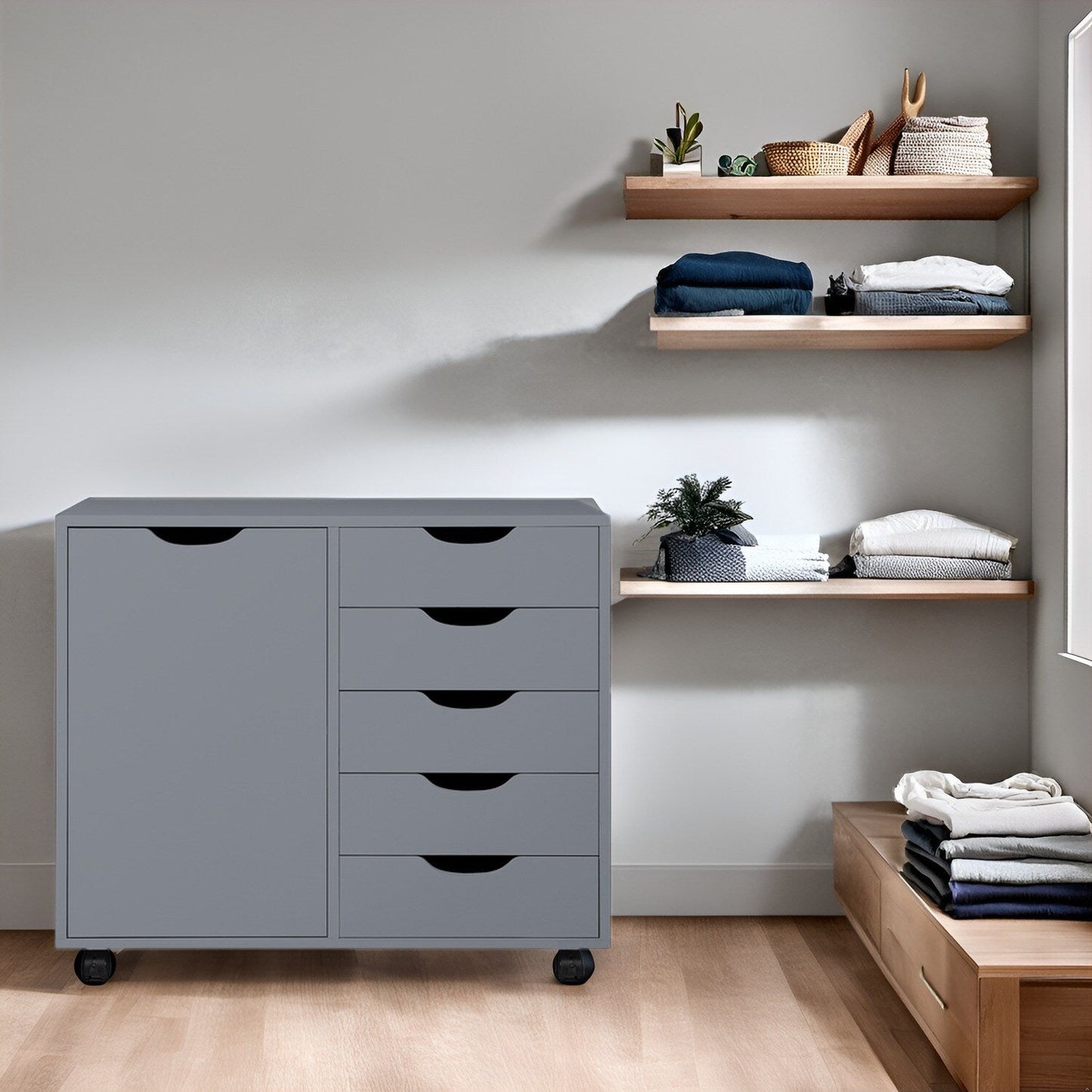 Commode de rangement en bois à 5 tiroirs avec roulettes - Meuble de rangement pour loisirs créatifs et maquillage pour dressing et chambre