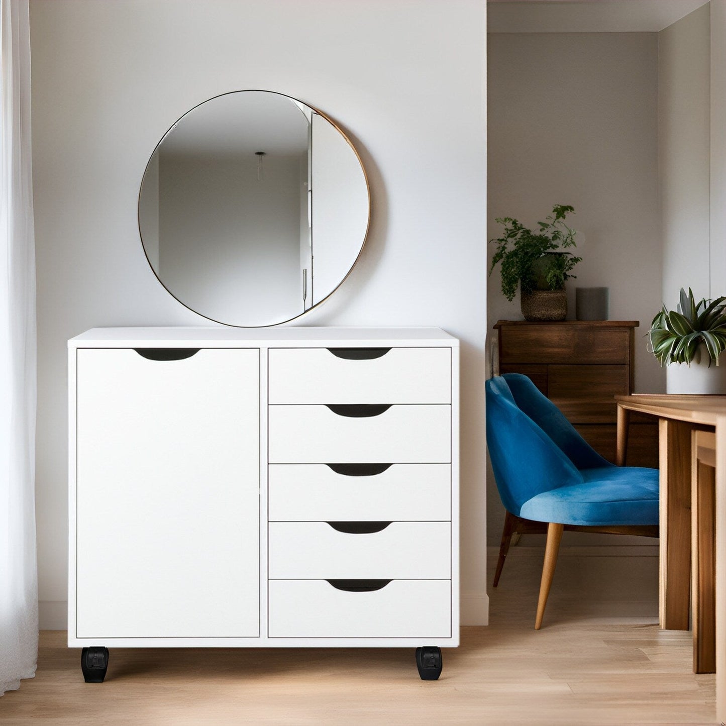 Commode de rangement en bois à 5 tiroirs avec roulettes - Meuble de rangement pour loisirs créatifs et maquillage pour dressing et chambre