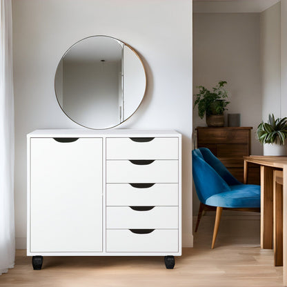 Commode de rangement en bois à 5 tiroirs avec roulettes - Meuble de rangement pour loisirs créatifs et maquillage pour dressing et chambre