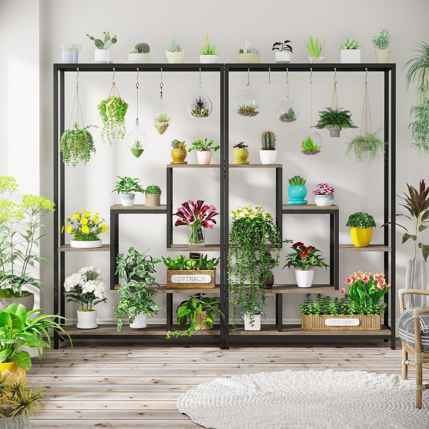 Étagère à plantes d'intérieur à 5 niveaux, hauteur 70,9 pouces, avec 10 crochets de suspension