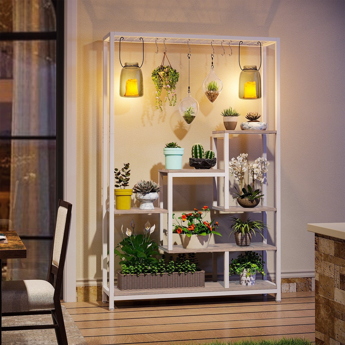 Étagère à plantes d'intérieur à 5 niveaux, hauteur 70,9 pouces, avec 10 crochets de suspension