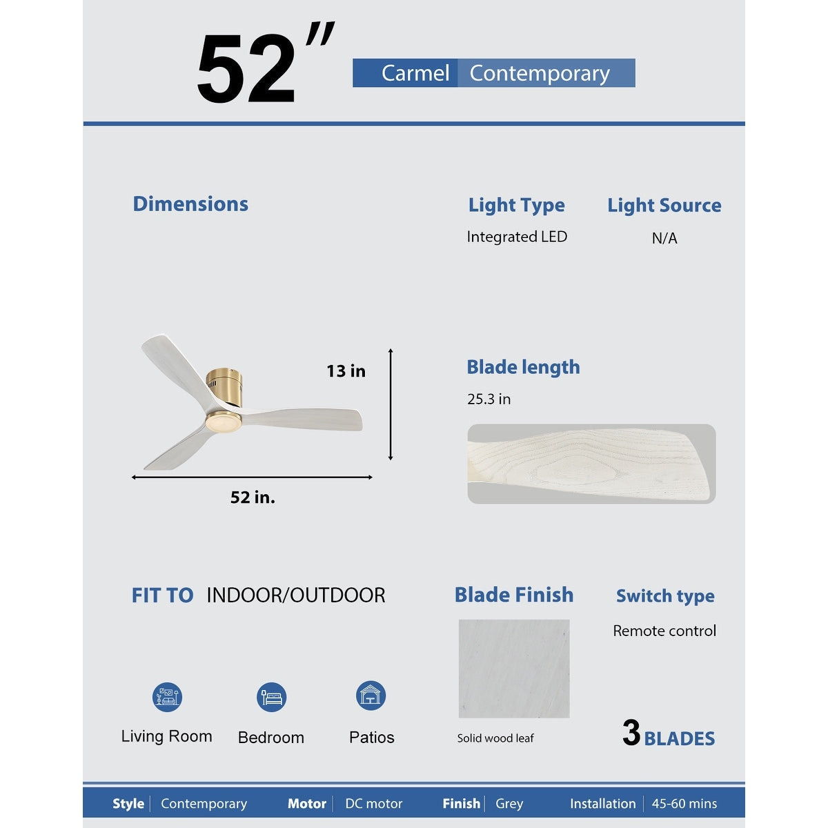 Ventilateur de plafond encastré Sofucor de 132 cm (52 ​​pouces) avec télécommande, moteur réversible et éclairage intégré en option.