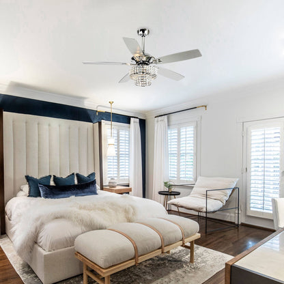 Ventilateur de plafond moderne en cristal et bois chromé de 52 pouces, 5 pales, avec télécommande