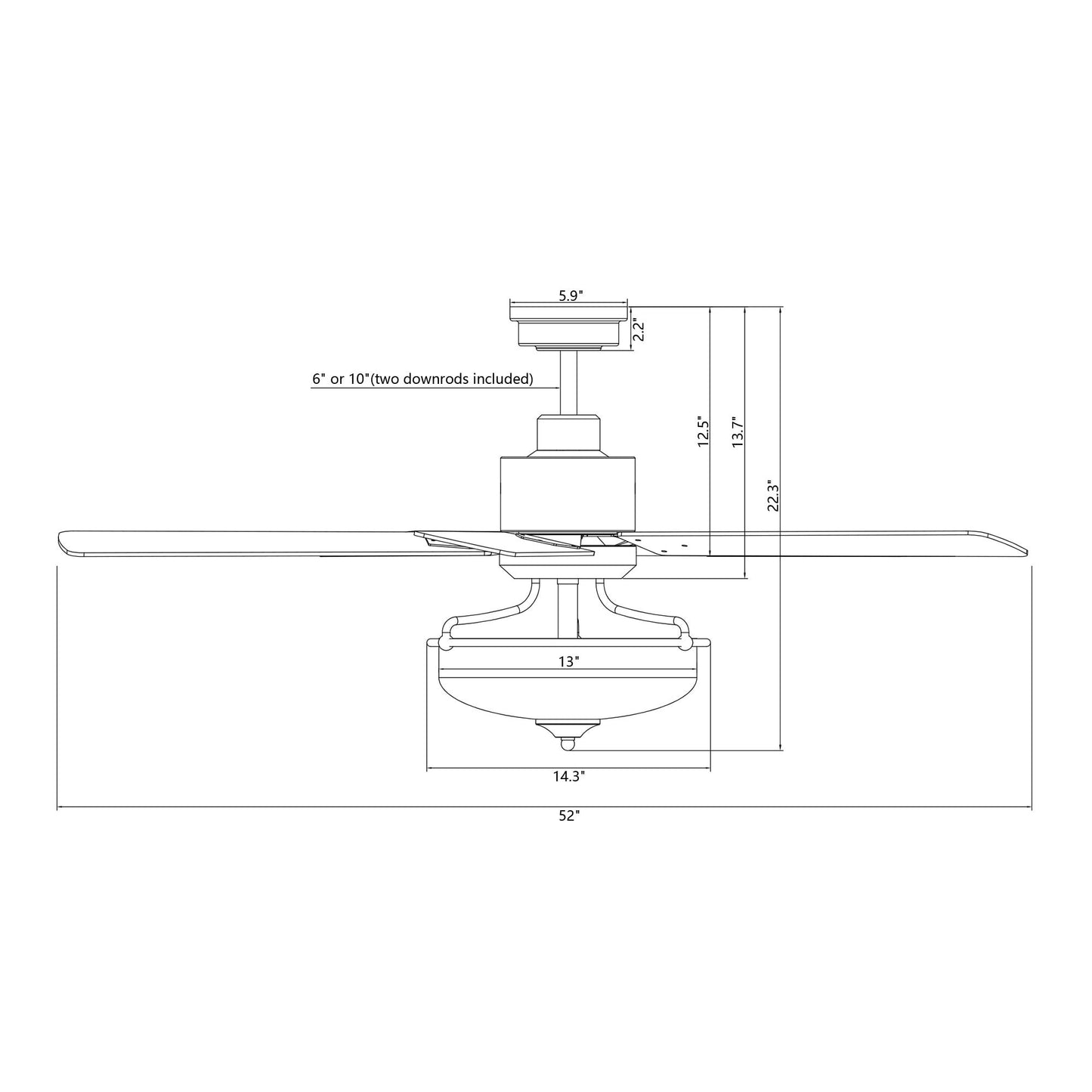 Ventilateur de plafond réversible en bois de 52 pouces, 5 pales et 3 lumières, avec télécommande