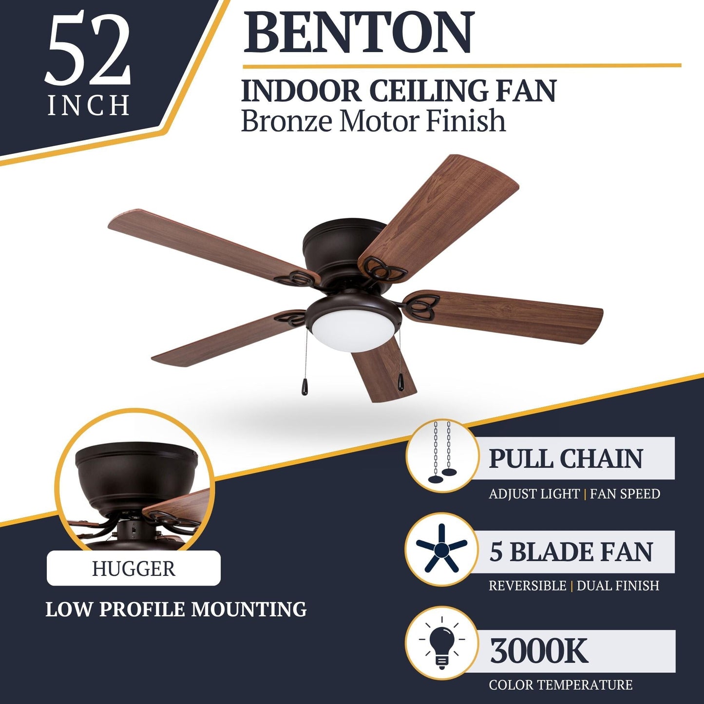 Ventilateur de plafond intérieur traditionnel Prominence Home Benton 52 avec éclairage LED et chaînettes