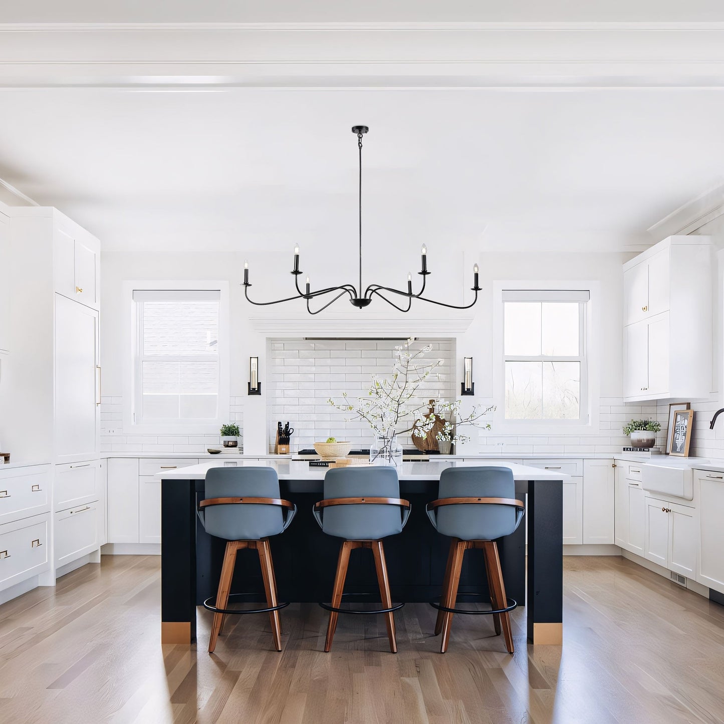 Lustre minimaliste à 6 lumières de 64 pouces, noir mat, or et chrome - N/A