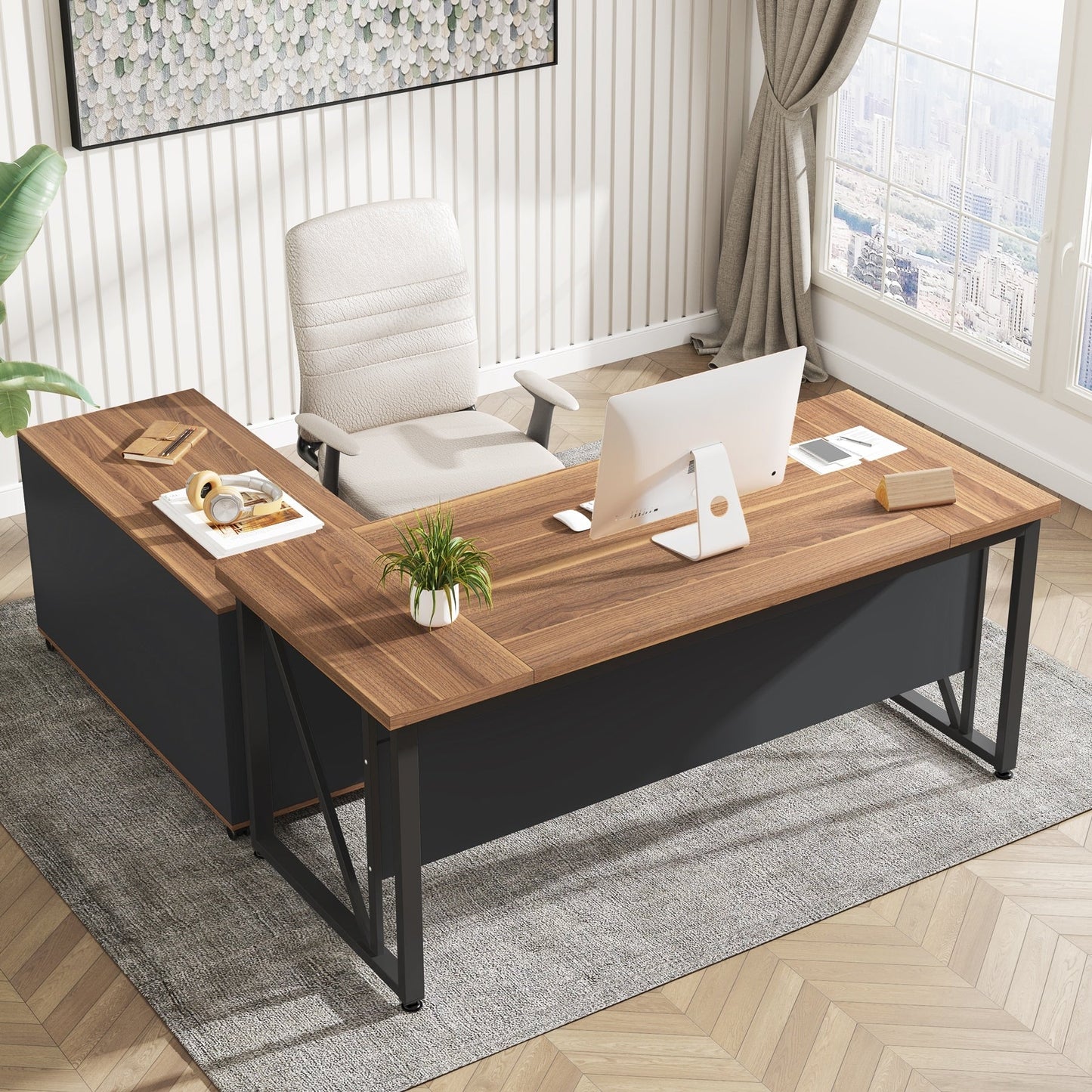 Bureau d'ordinateur en L de 63 pouces avec classeur latéral de 47 pouces, ensemble de bureau exécutif pour la maison