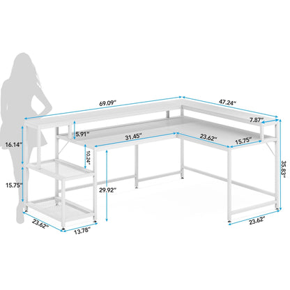 Bureau en L avec étagère pour écran, bureau d'angle réversible pour ordinateur, idéal pour le bureau ou la maison (69 cm).