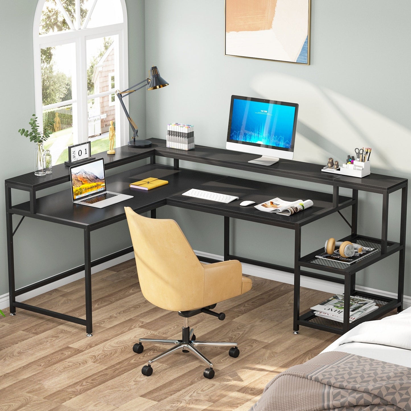 Bureau en L avec étagère pour écran, bureau d'angle réversible pour ordinateur, idéal pour le bureau ou la maison (69 cm).