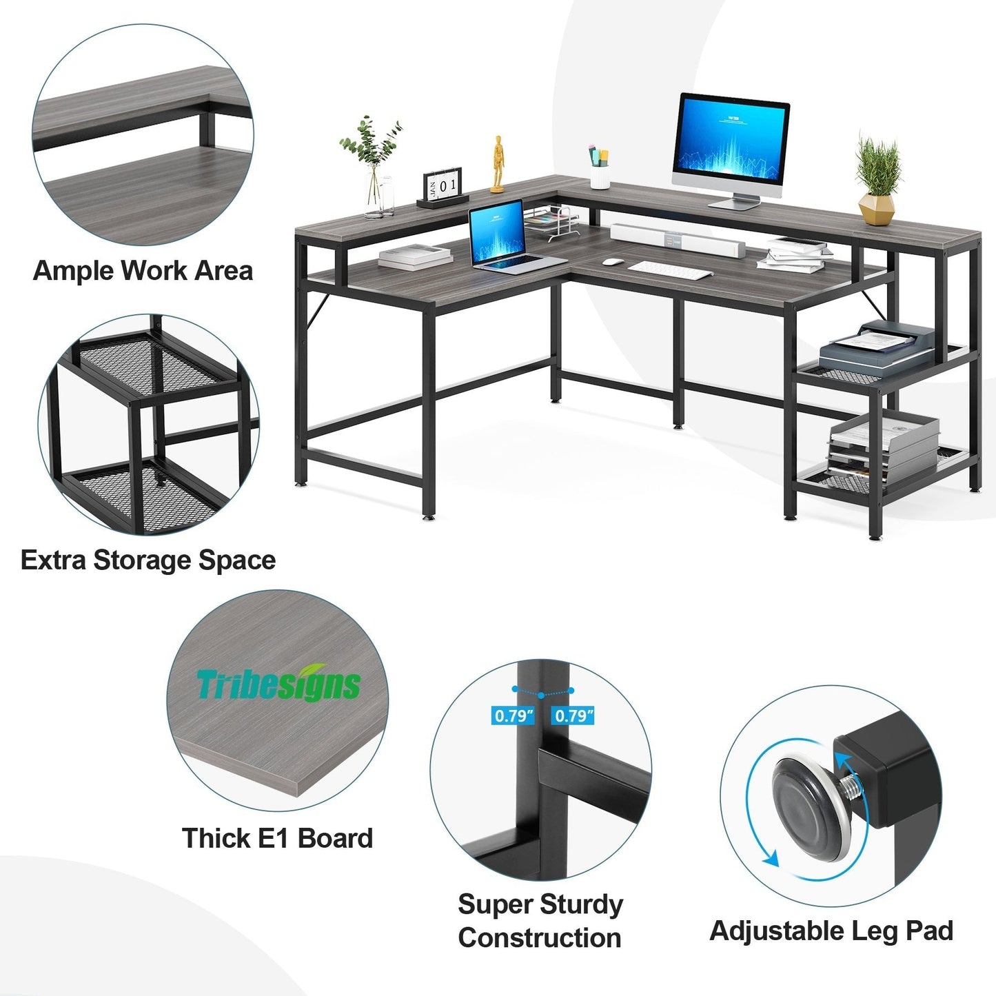 Bureau en L avec étagère pour écran, bureau d'angle réversible pour ordinateur, idéal pour le bureau ou la maison (69 cm).