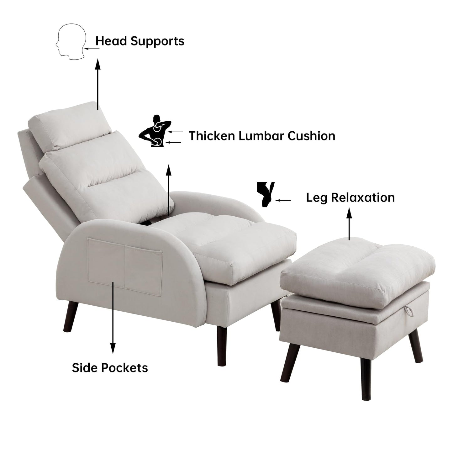 Fauteuil lounge HOMYKA avec dossier réglable et pouf de rangement