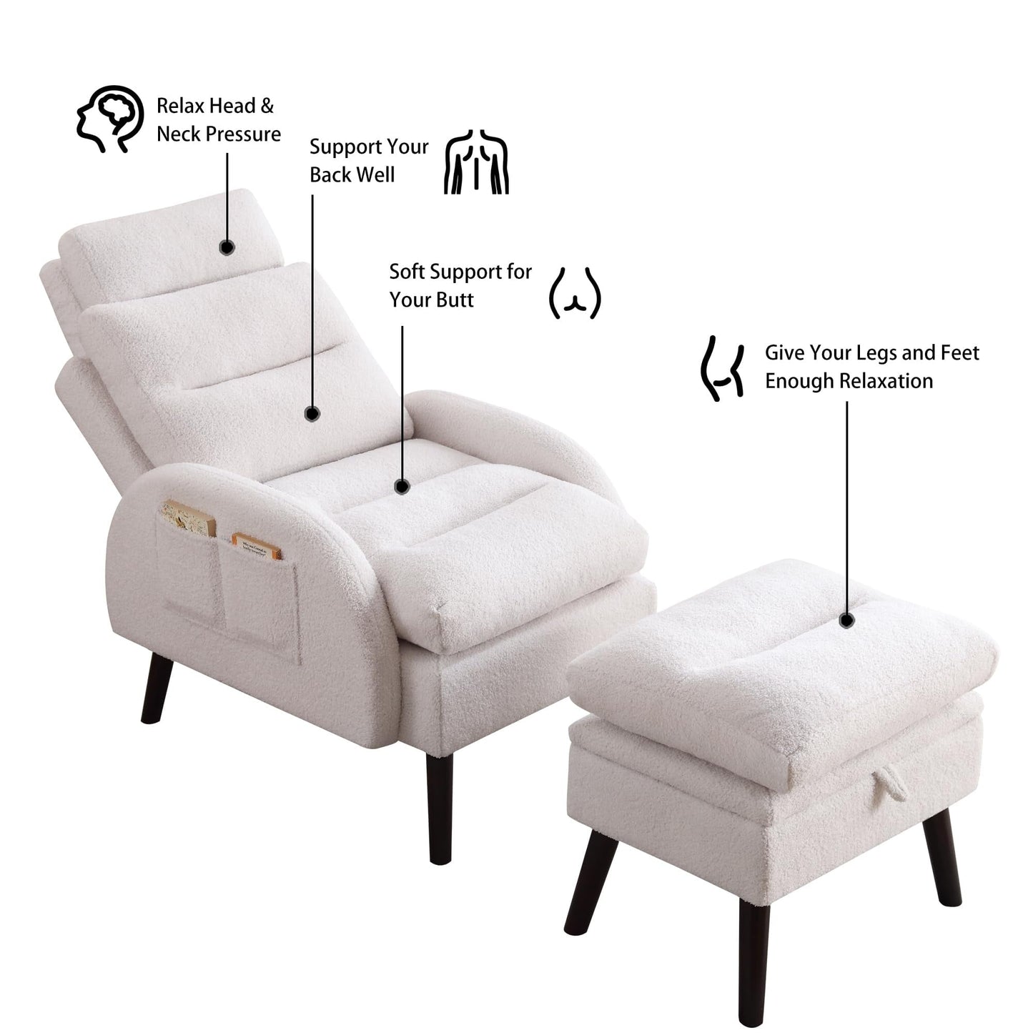 Fauteuil lounge HOMYKA avec dossier réglable et pouf de rangement