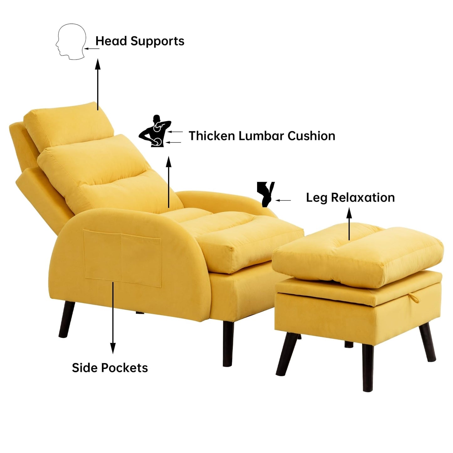 Fauteuil lounge HOMYKA avec dossier réglable et pouf de rangement