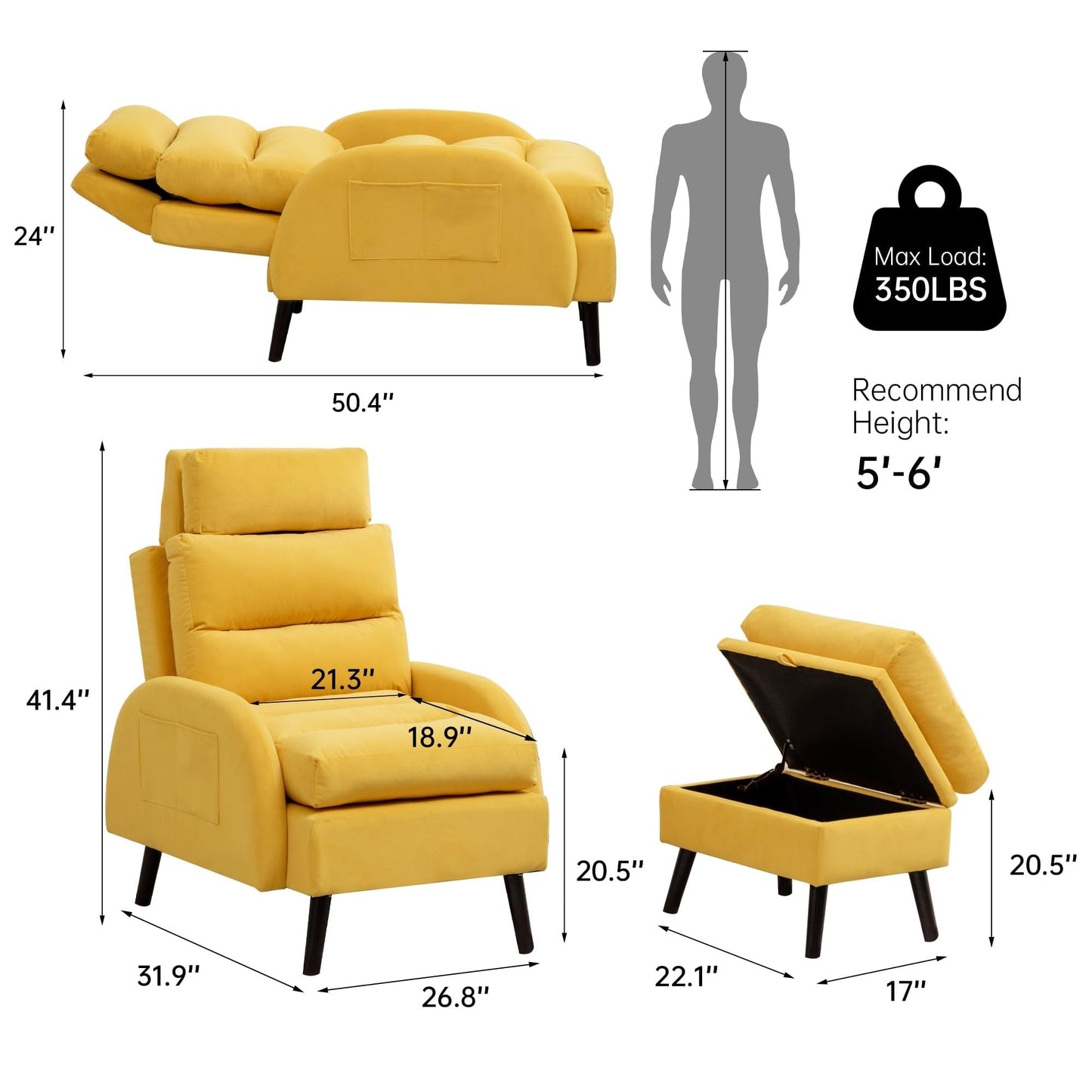 Fauteuil lounge HOMYKA avec dossier réglable et pouf de rangement