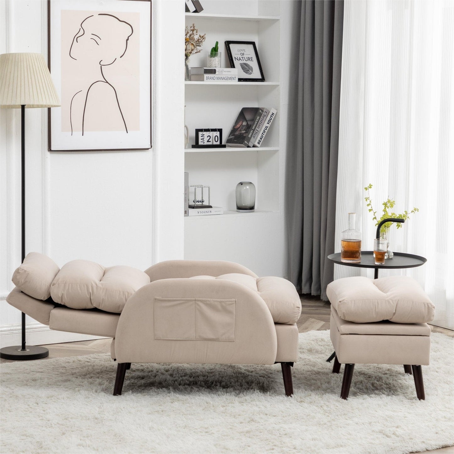 Fauteuil lounge HOMYKA avec dossier réglable et pouf de rangement