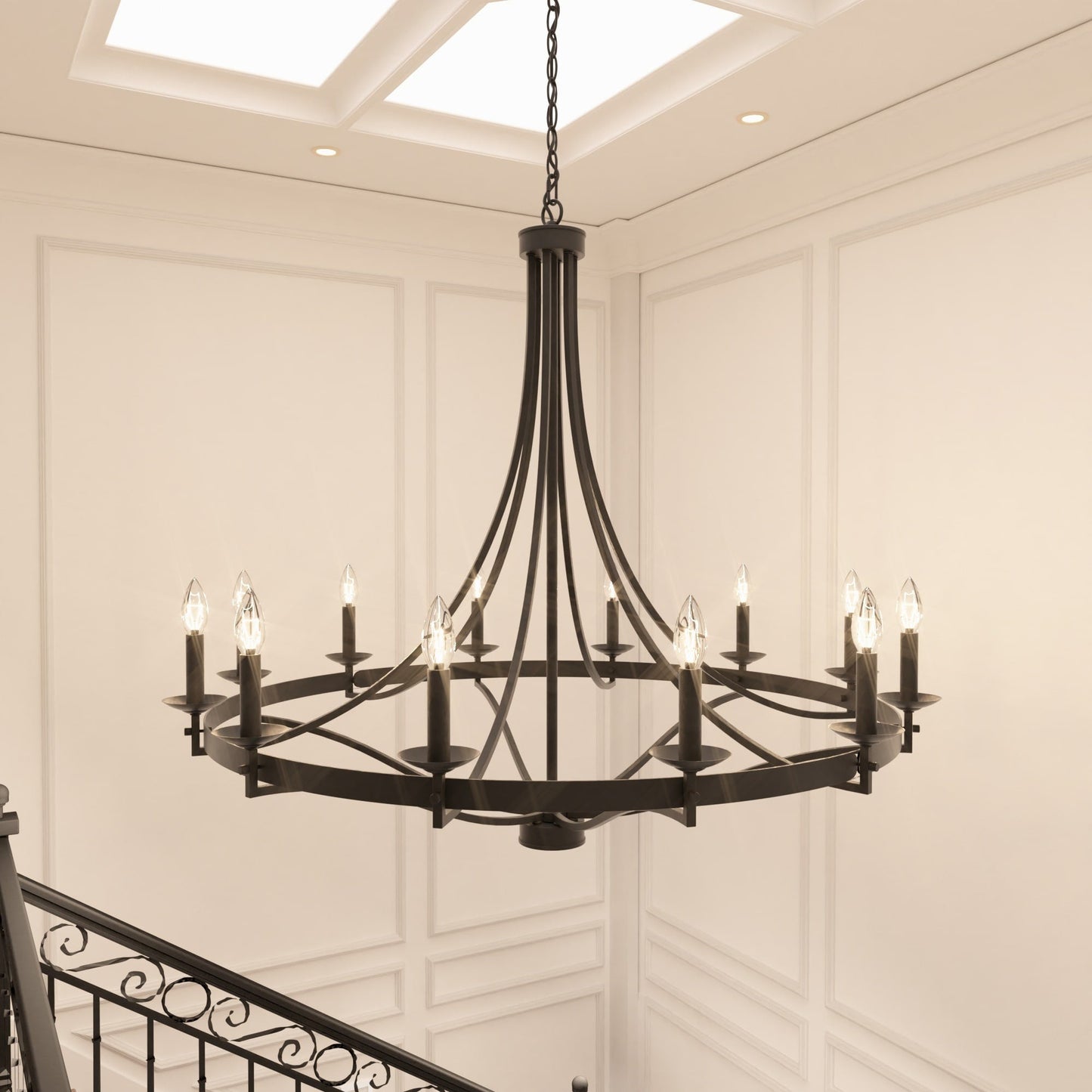 Lustre Empire à 12 lumières de style ferme moderne Fidenza avec roue de chariot et UL - D40'' * H135''