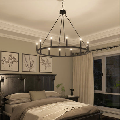 Lustre Acroma Farmhouse à 12 lumières, 40 po, en forme de roue de chariot, certifié UL - 40 po P x 138 po H