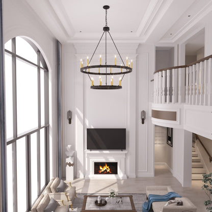 Lustre rond en forme de roue de chariot de style ferme moderne Acroma à 20 lumières de 40 po avec UL