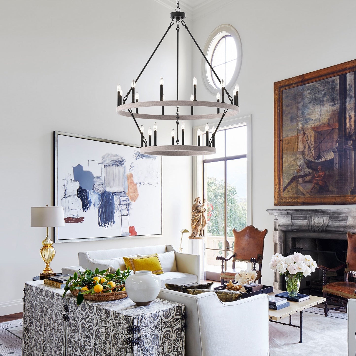 Lustre rond en forme de roue de chariot de style ferme moderne Acroma à 20 lumières de 40 po avec UL