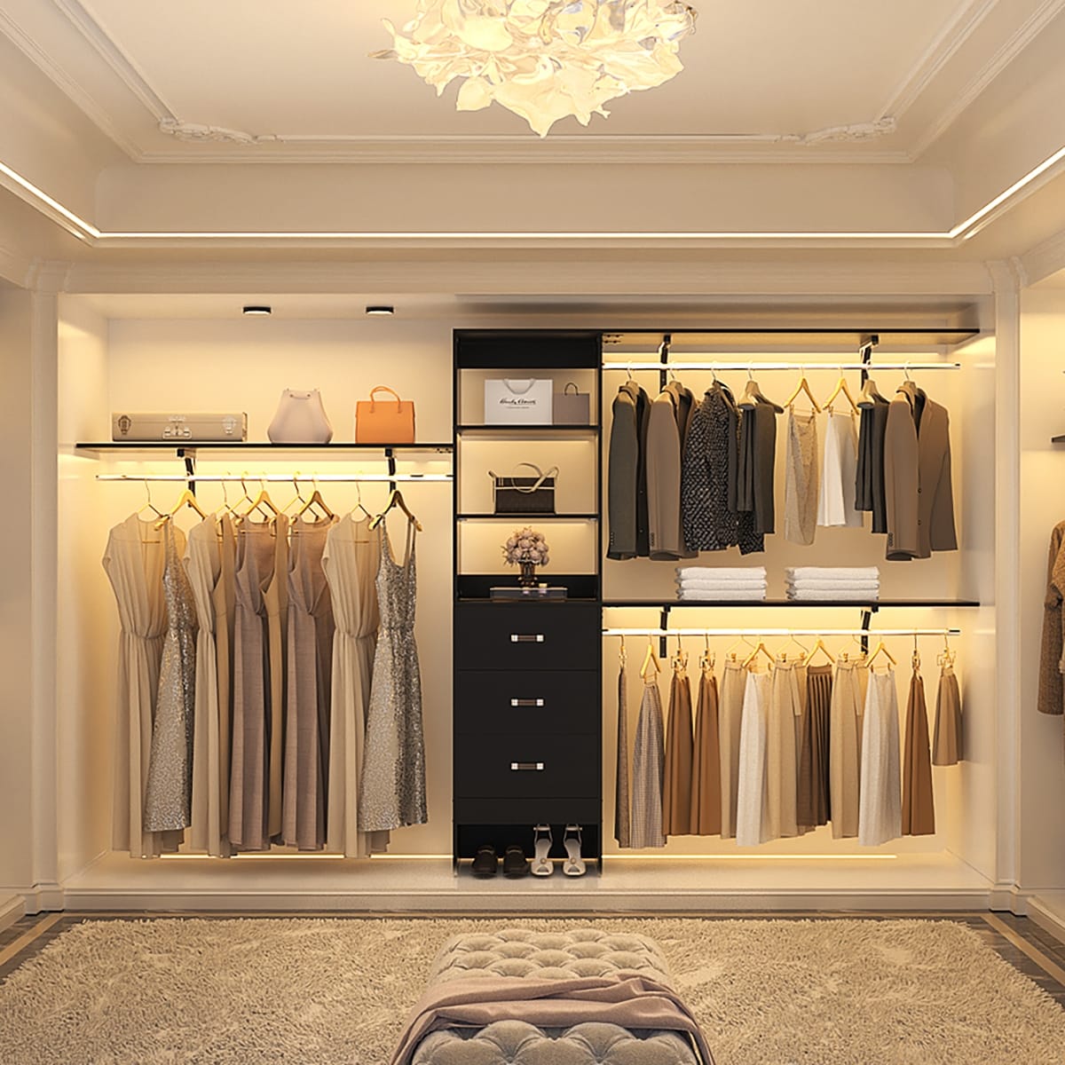 Organisateur de placard ajustable Rackcog 120'' avec tiroirs, système de placard avec étagères à monter soi-même pour placards et dressings