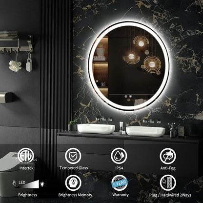 Miroir de courtoisie arrondi sans cadre, éclairé par LED, à intensité variable et antibuée