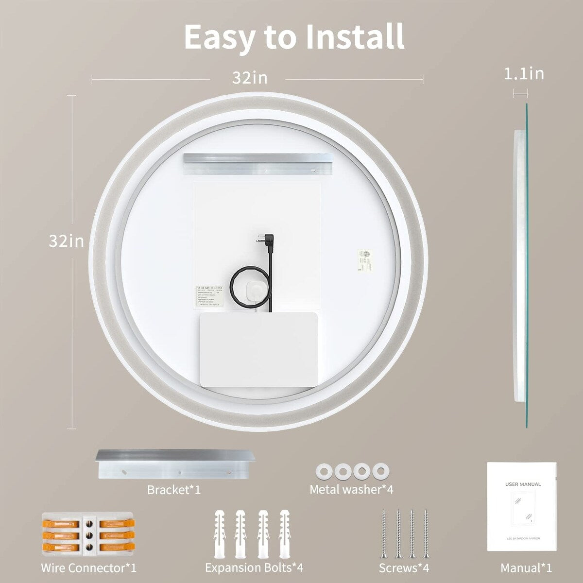 Miroir de courtoisie arrondi sans cadre, éclairé par LED, à intensité variable et antibuée
