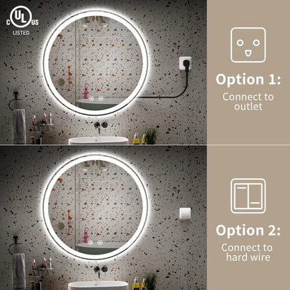 Miroir de courtoisie arrondi sans cadre, éclairé par LED, à intensité variable et antibuée