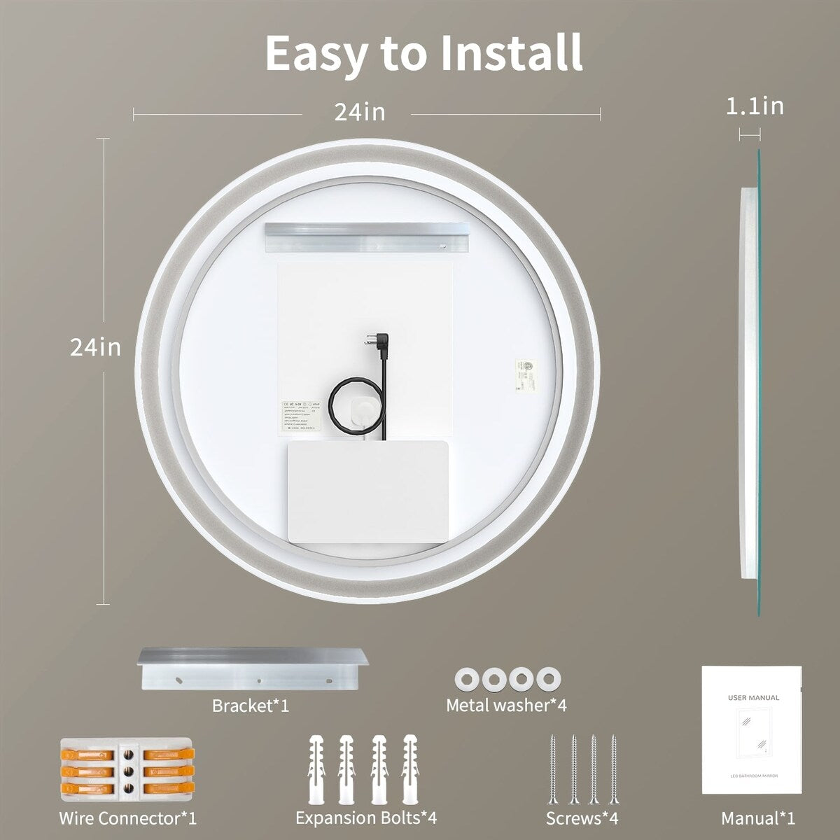 Miroir de courtoisie arrondi sans cadre, éclairé par LED, à intensité variable et antibuée