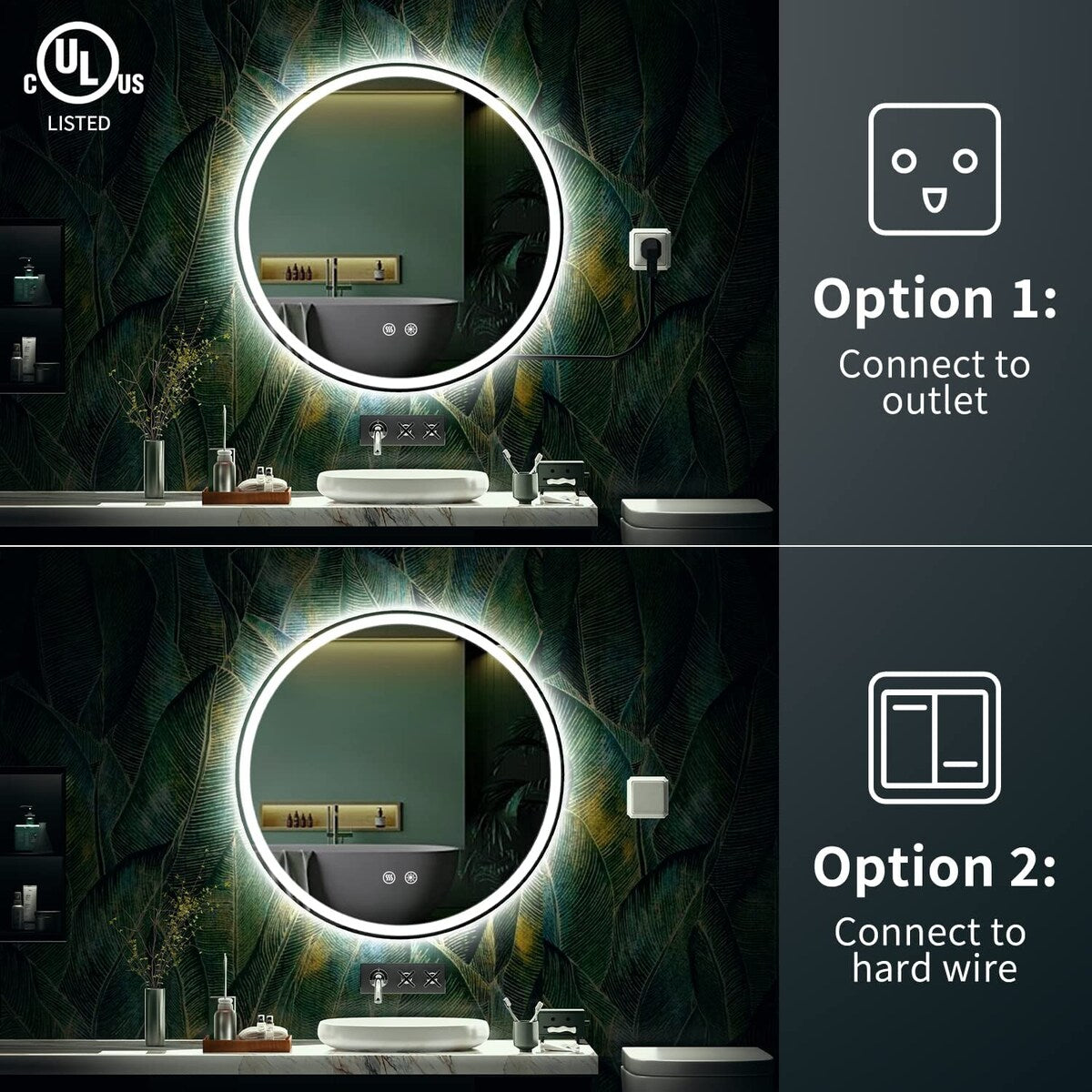 Miroir de courtoisie arrondi sans cadre, éclairé par LED, à intensité variable et antibuée