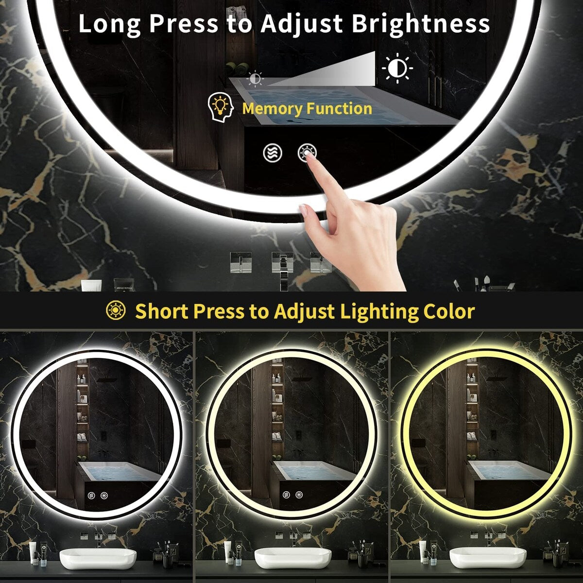 Miroir de courtoisie arrondi sans cadre, éclairé par LED, à intensité variable et antibuée