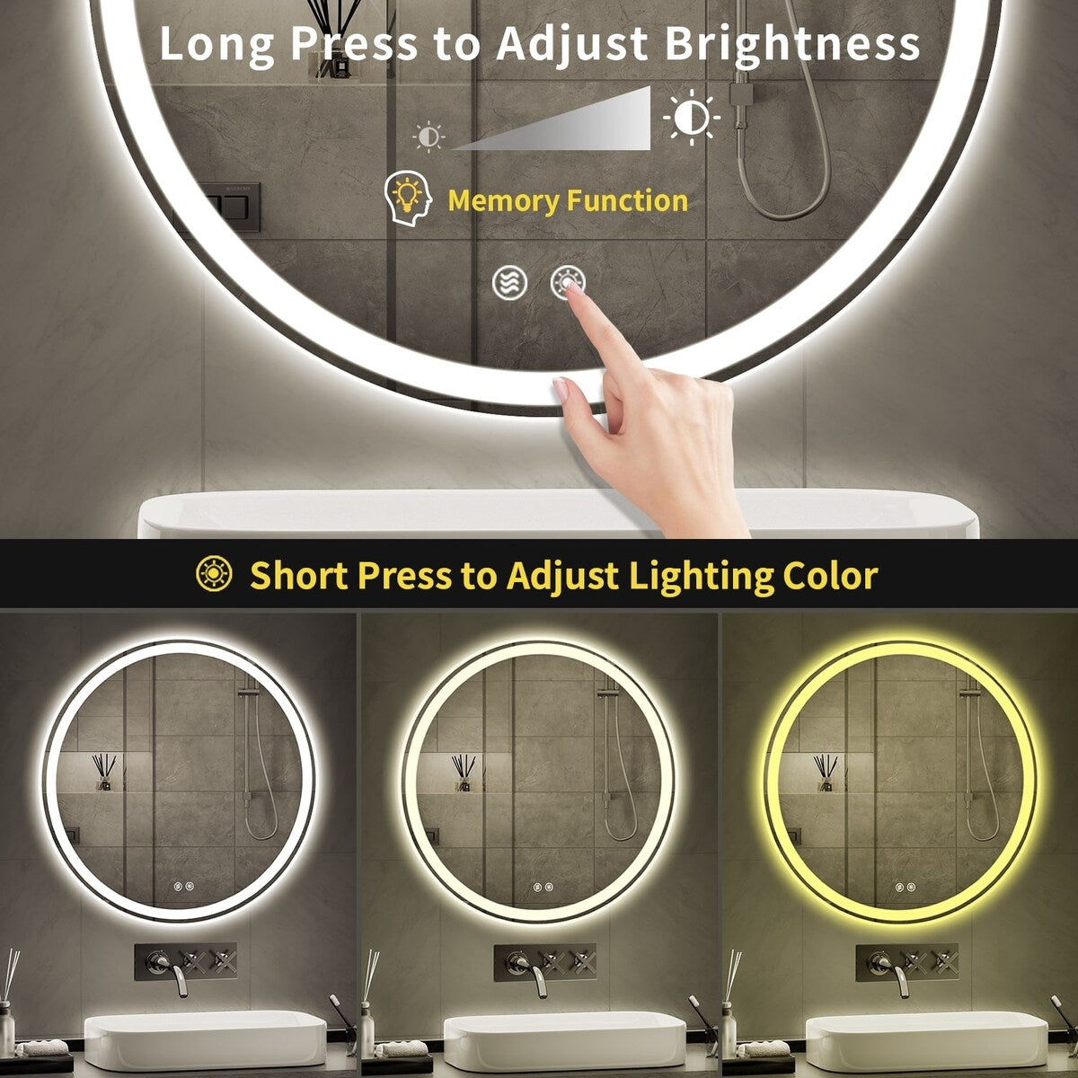 Miroir de courtoisie arrondi sans cadre, éclairé par LED, à intensité variable et antibuée