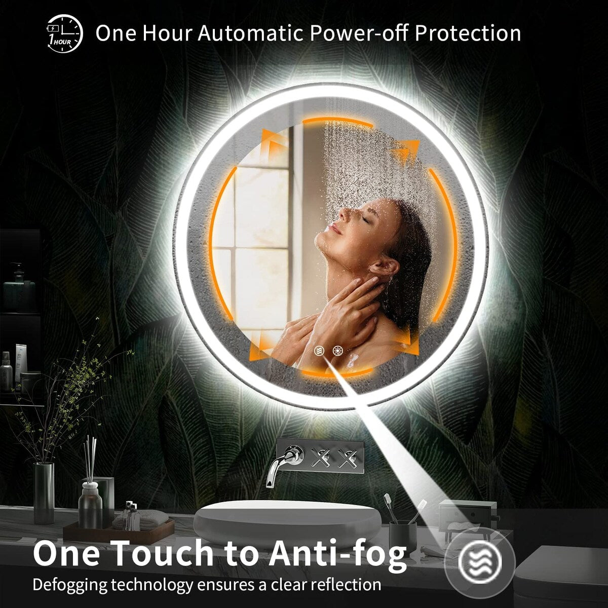 Miroir de courtoisie arrondi sans cadre, éclairé par LED, à intensité variable et antibuée