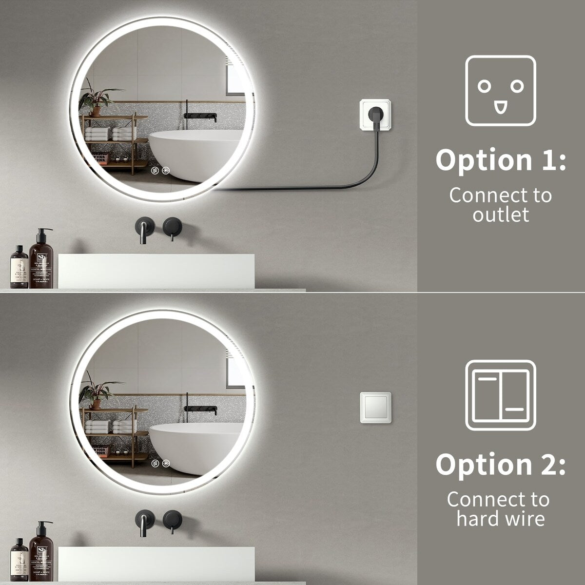 Miroir de courtoisie arrondi sans cadre, éclairé par LED, à intensité variable et antibuée