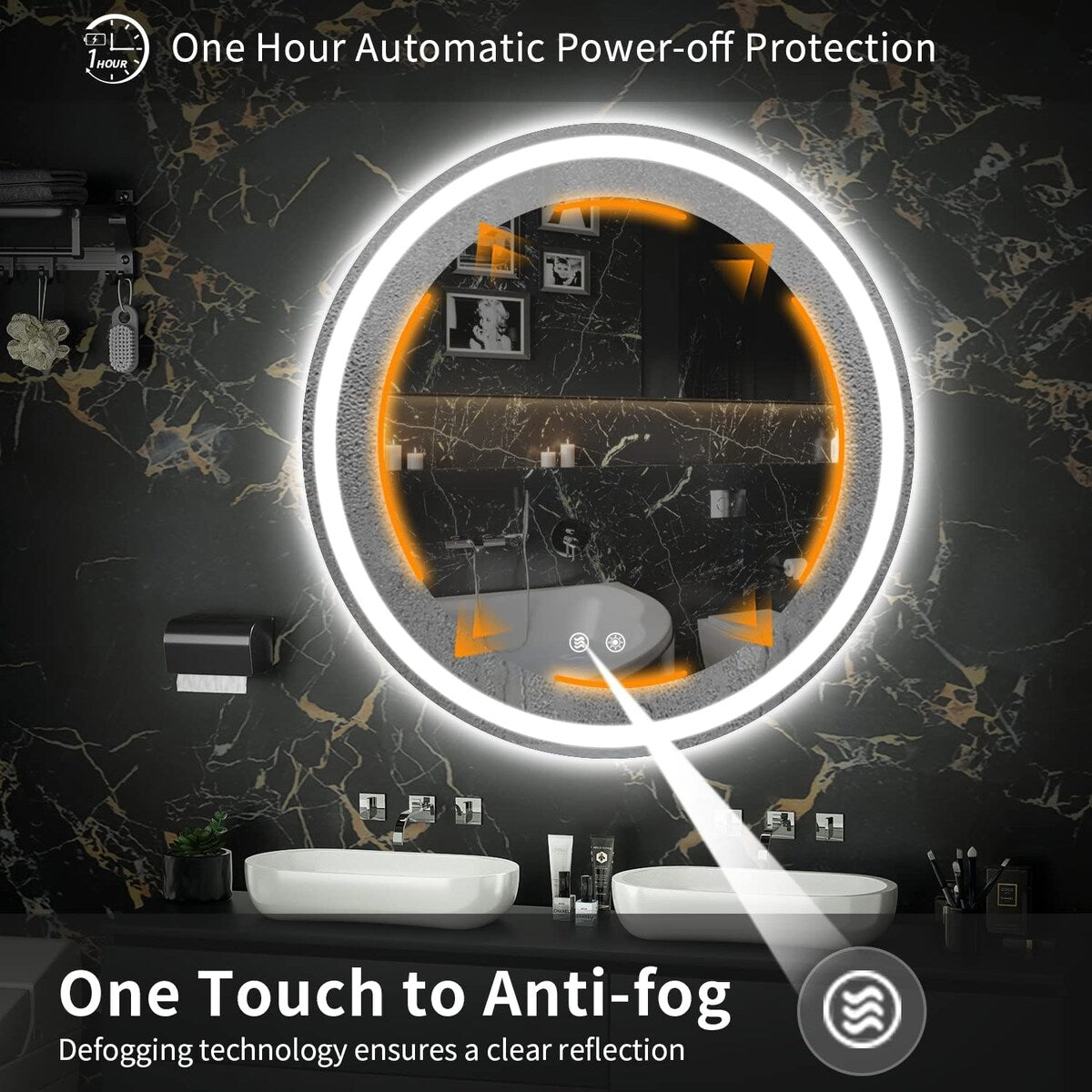 Miroir de courtoisie arrondi sans cadre, éclairé par LED, à intensité variable et antibuée