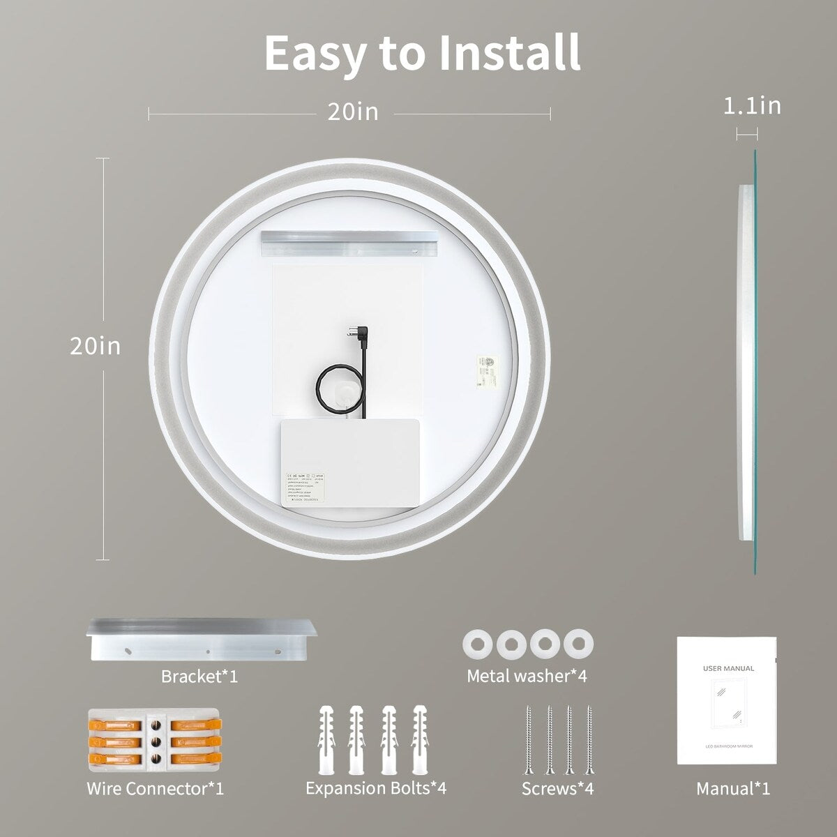 Miroir de courtoisie arrondi sans cadre, éclairé par LED, à intensité variable et antibuée