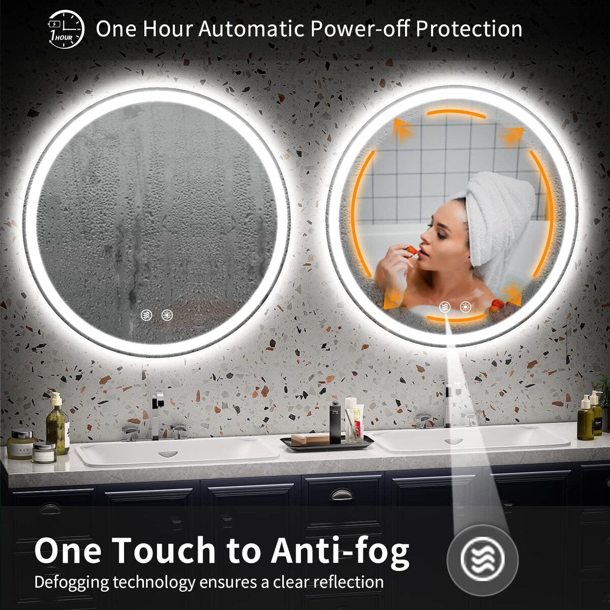 Miroir de courtoisie arrondi sans cadre, éclairé par LED, à intensité variable et antibuée