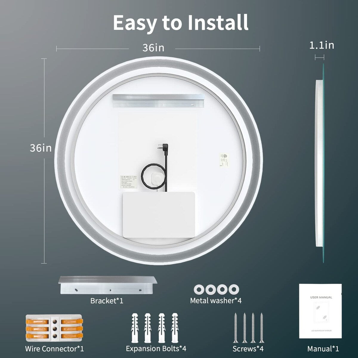 Miroir de courtoisie arrondi sans cadre, éclairé par LED, à intensité variable et antibuée