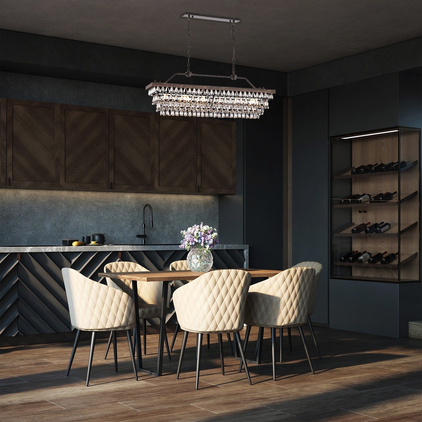 Éclairage rectangulaire pour îlot de cuisine en bronze antique à 6 lumières avec suspension en cristal - Bronze antique