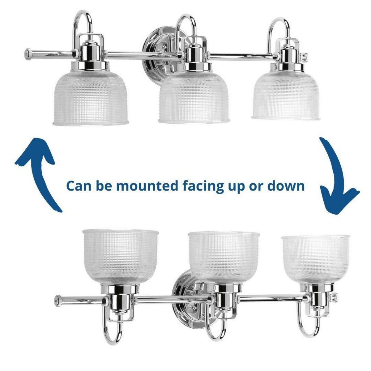 Luminaire de salle de bain côtier à trois lumières, collection Archie, en chrome poli, verre prismatique double transparent - 8,75 x 26,25 x 7,25