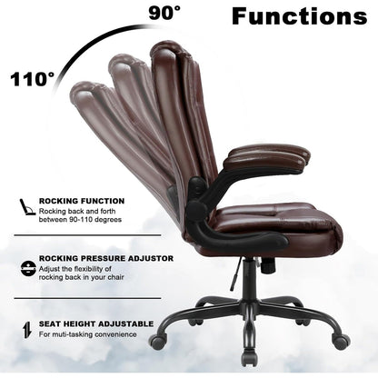 Fauteuil de bureau BOSSIN pour grandes tailles, ergonomique, à dossier haut, réglable en hauteur, en cuir, avec accoudoirs rembourrés et relevables.