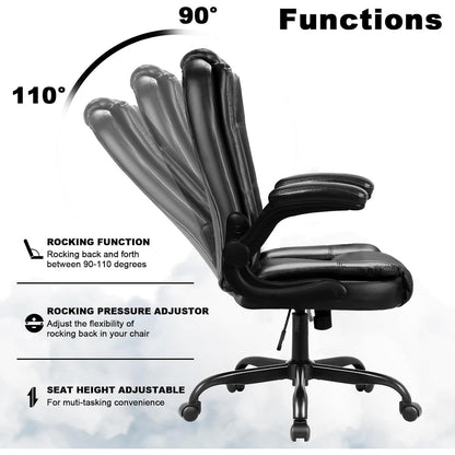 Fauteuil de bureau BOSSIN pour grandes tailles, ergonomique, à dossier haut, réglable en hauteur, en cuir, avec accoudoirs rembourrés et relevables.