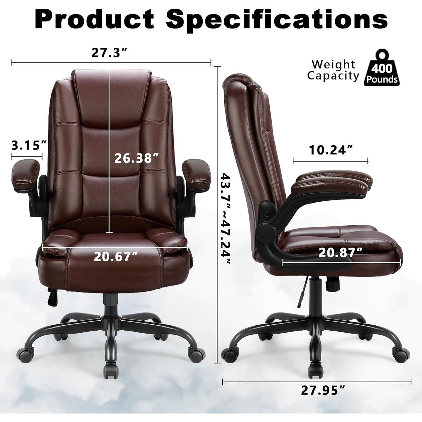 Fauteuil de bureau BOSSIN pour grandes tailles, ergonomique, à dossier haut, réglable en hauteur, en cuir, avec accoudoirs rembourrés et relevables.